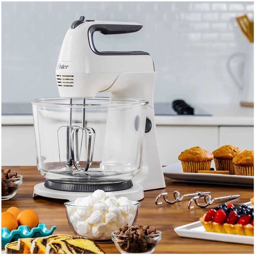 Batidora de Mano y Pedestal Oster con Tazón de Vidrio 6 Velocidades 3.7L 250W