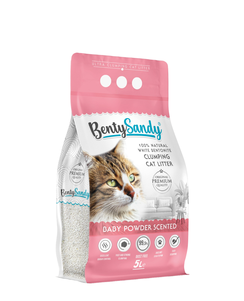 Arena para gatos Bentysandy Bebé Ultra absorbente y Ultra aglomerante 100% bentonita con aroma 5L/4,35Kg 8 Unds
