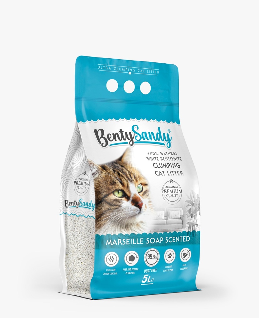 Arena para gatos Bentysandy Jabón de Marsella Ultra absorbente y Ultra aglomerante 100% bentonita con aroma 5L/4,35Kg
