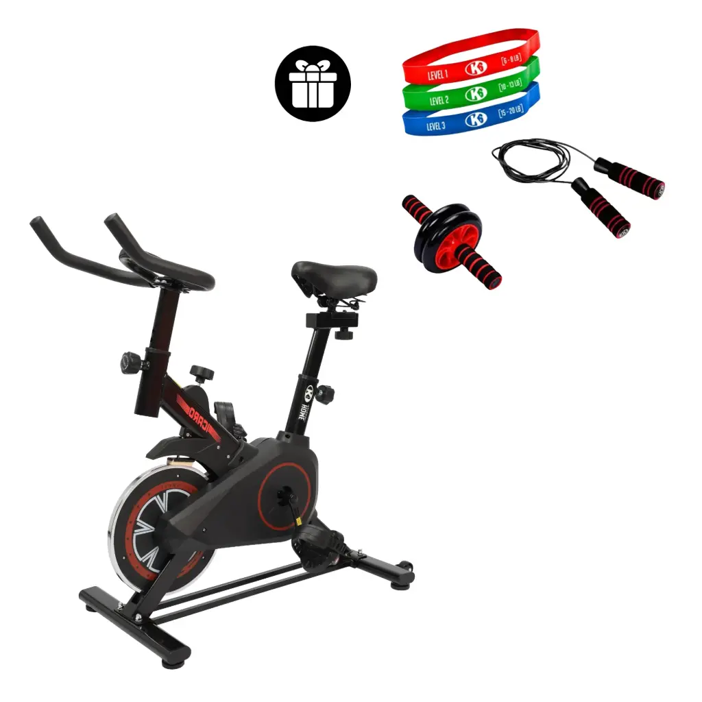 [67175-K] Kit Bicicleta Spinning + Set de Bandas+ Lazo Para Saltar+ Rueda de Abs 