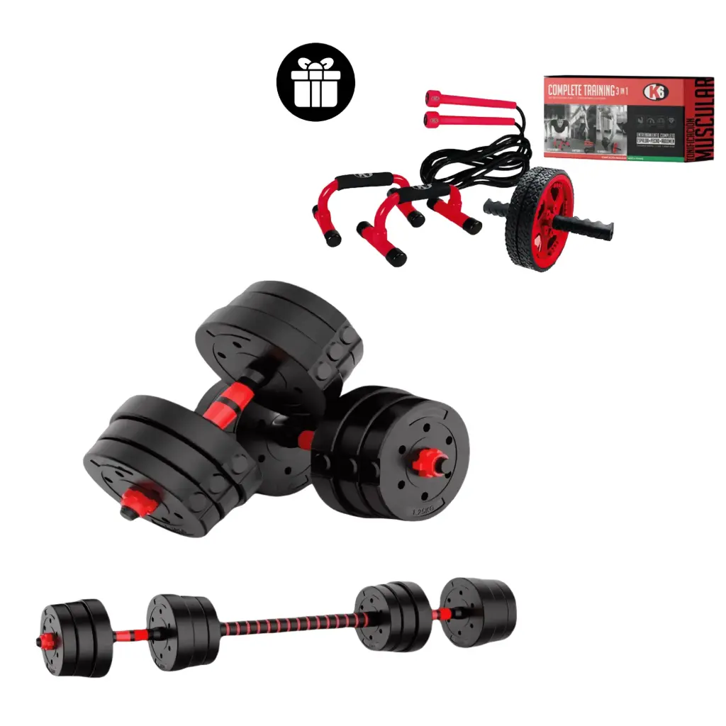 [67170-K] Set Mancuernas + Lazo Para Saltar + Base Flexiones + Rueda Abs